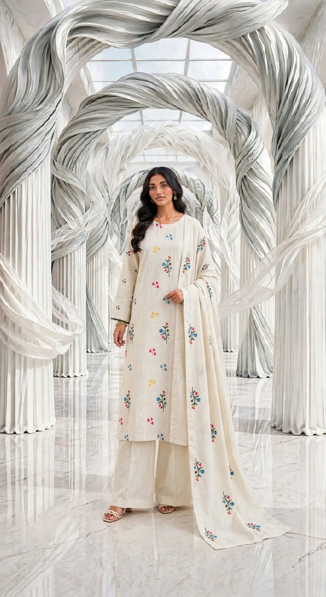 Khaddar embroidered stiched long shirt trouser 3pc F3