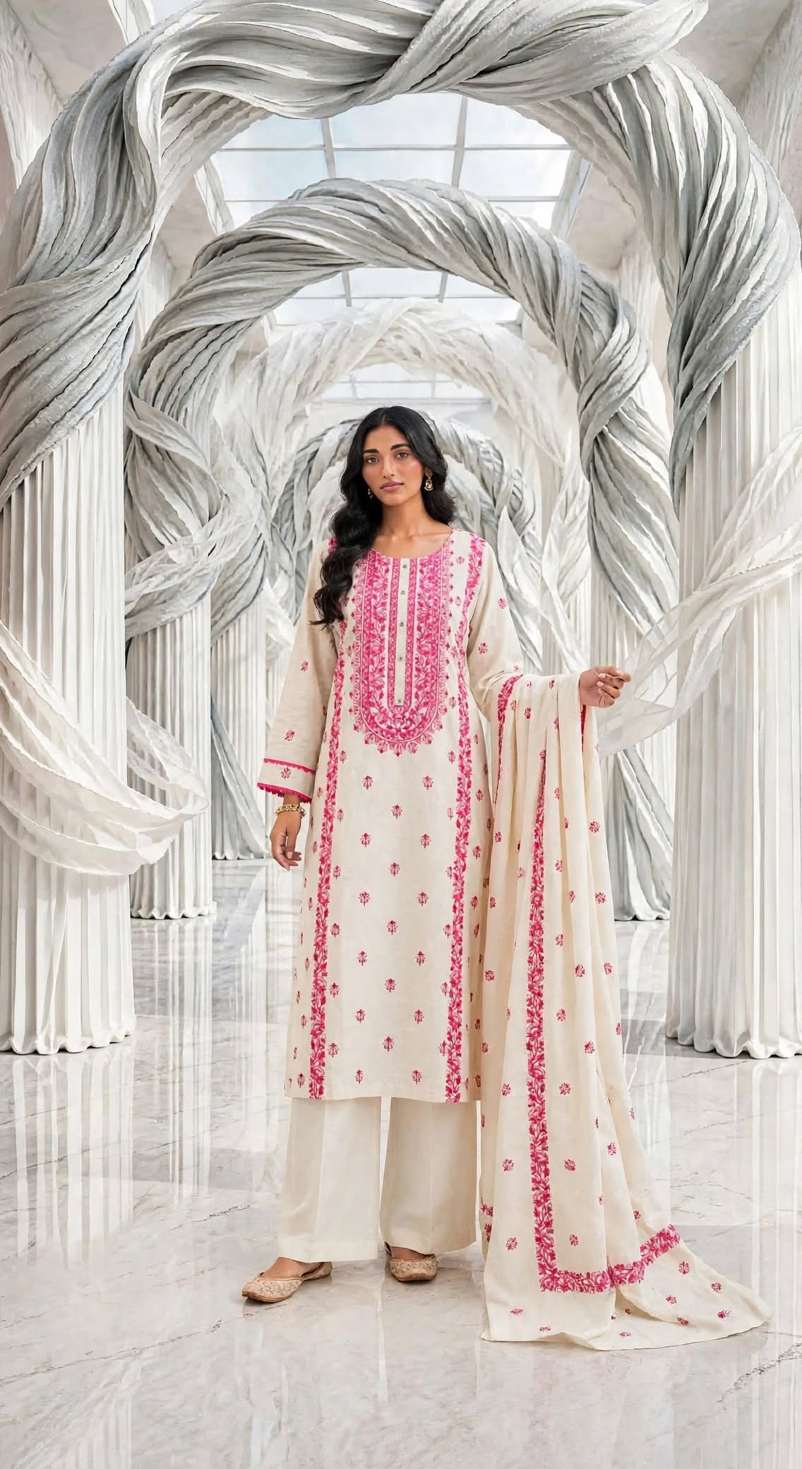 Binsaeed khaddar embroidered stiched long shirt trouser 3pc pnkG