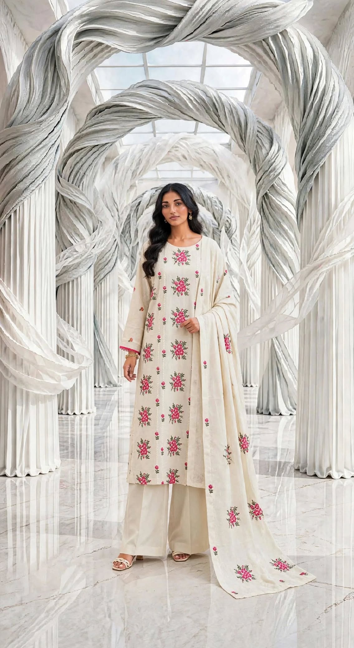 Khaddar embroidered stiched long shirt trouser 3pc pnkflr