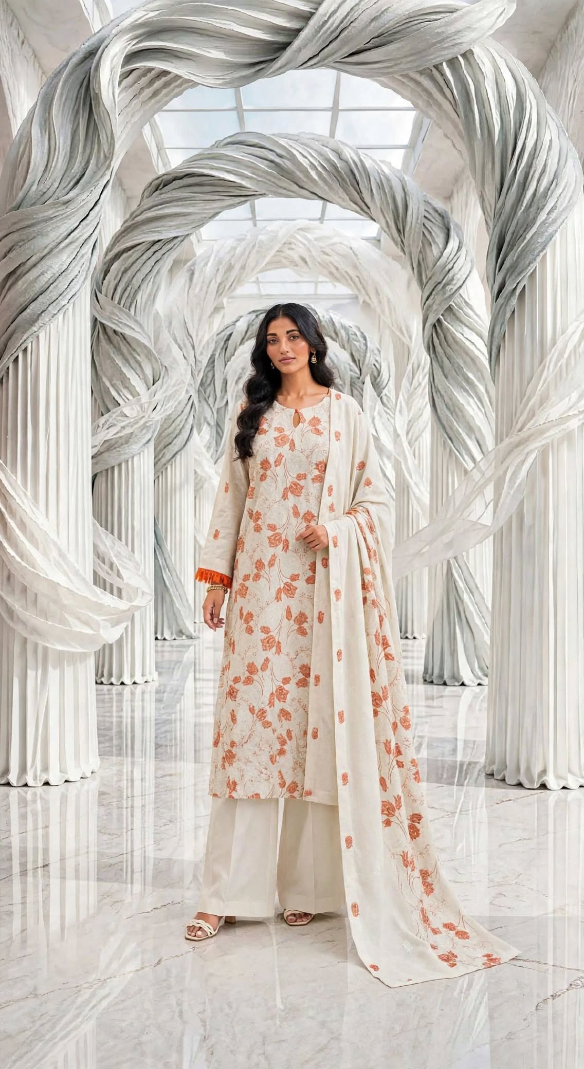 Khaddar embroidered stiched long shirt trouser 3pc ornglb