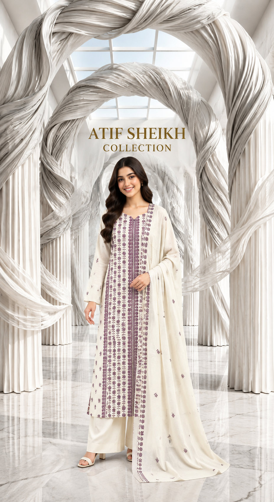 Karandi khaddar embroidered stiched long shirt trouser 3pc oprpl