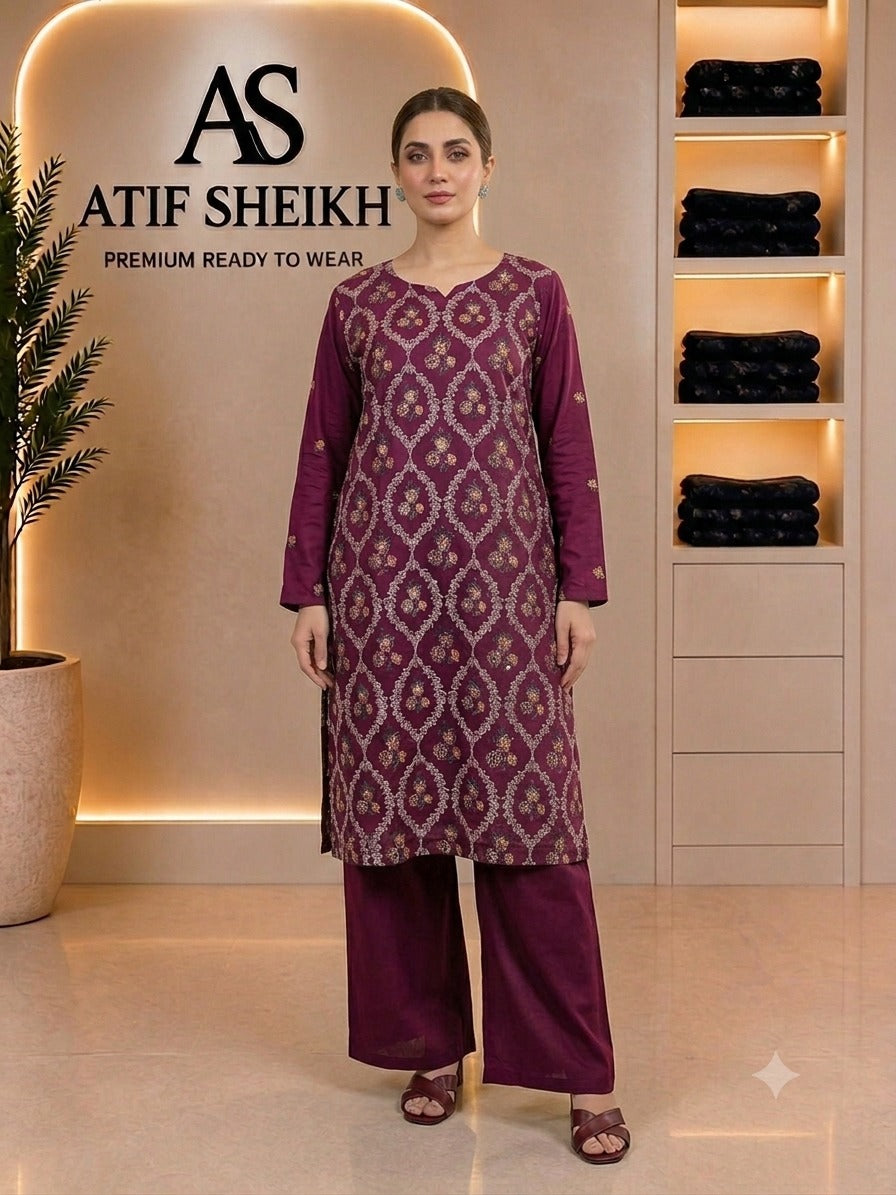 Karandi embroidered stiched long shirt trouser 2pc mrnsqr2
