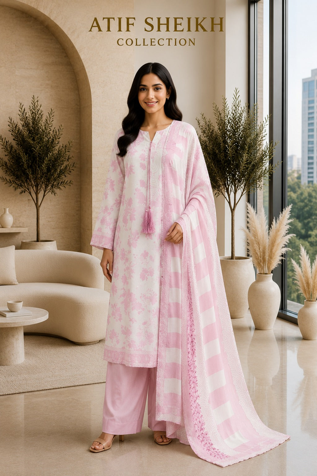 Binsaeed premium lawn stiched shalwar kameez 3 pc pnk