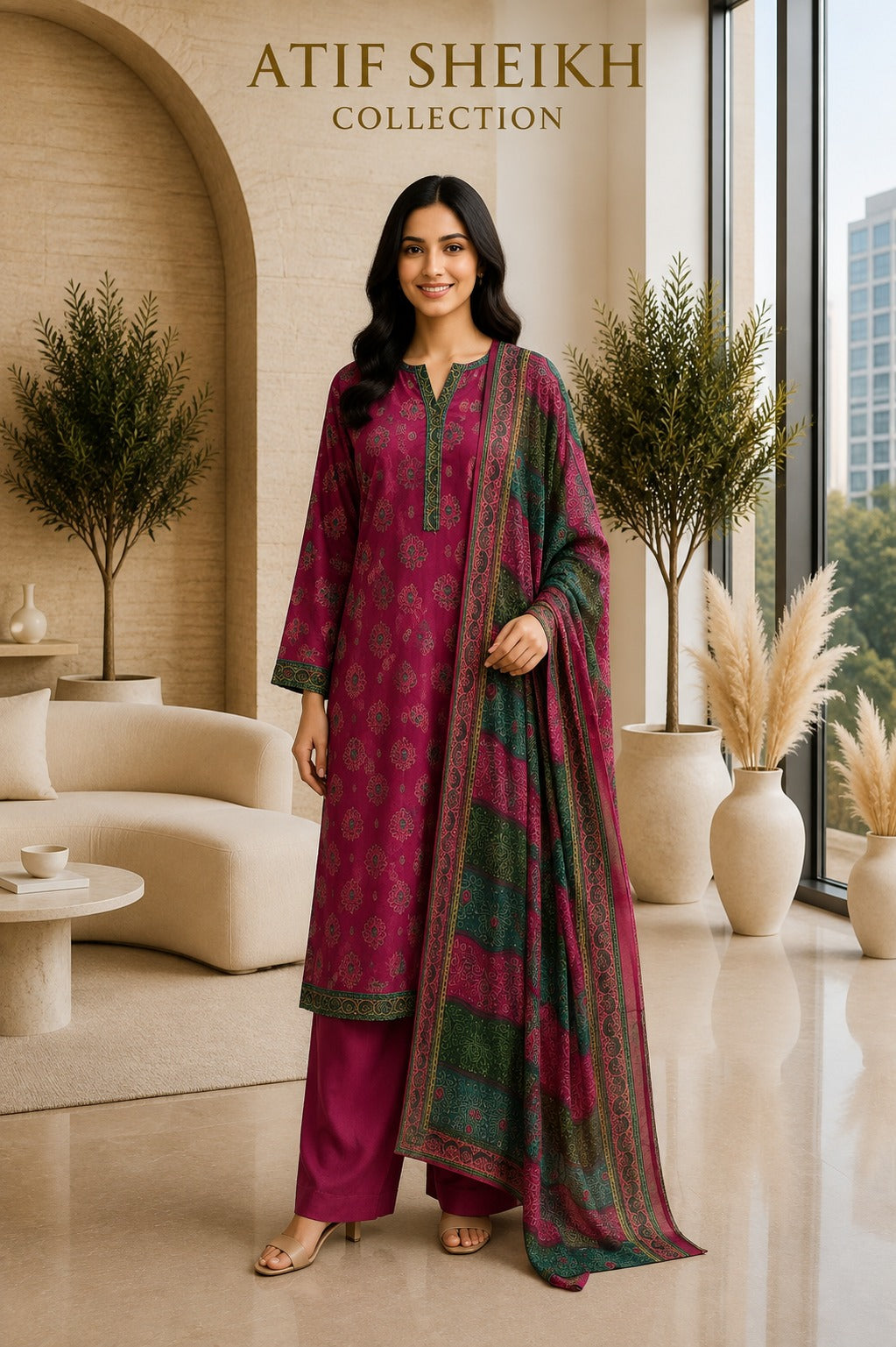 Binsaeed premium lawn stiched shalwar kameez 3 pc mrn.grn