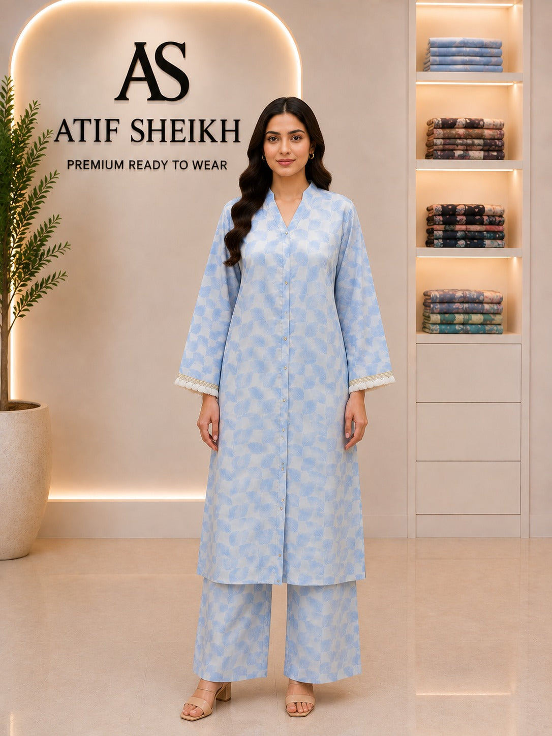 Linen self printed Long A line cut shirt trouser stiched 2pc ice