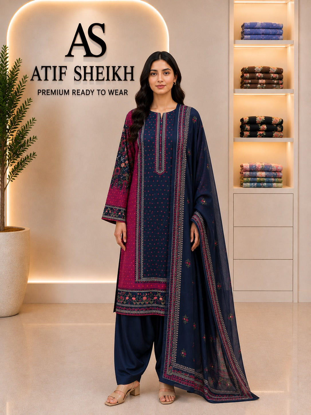 Binsaeed premium lawn stiched shalwar kameez 3 pc nvyplum
