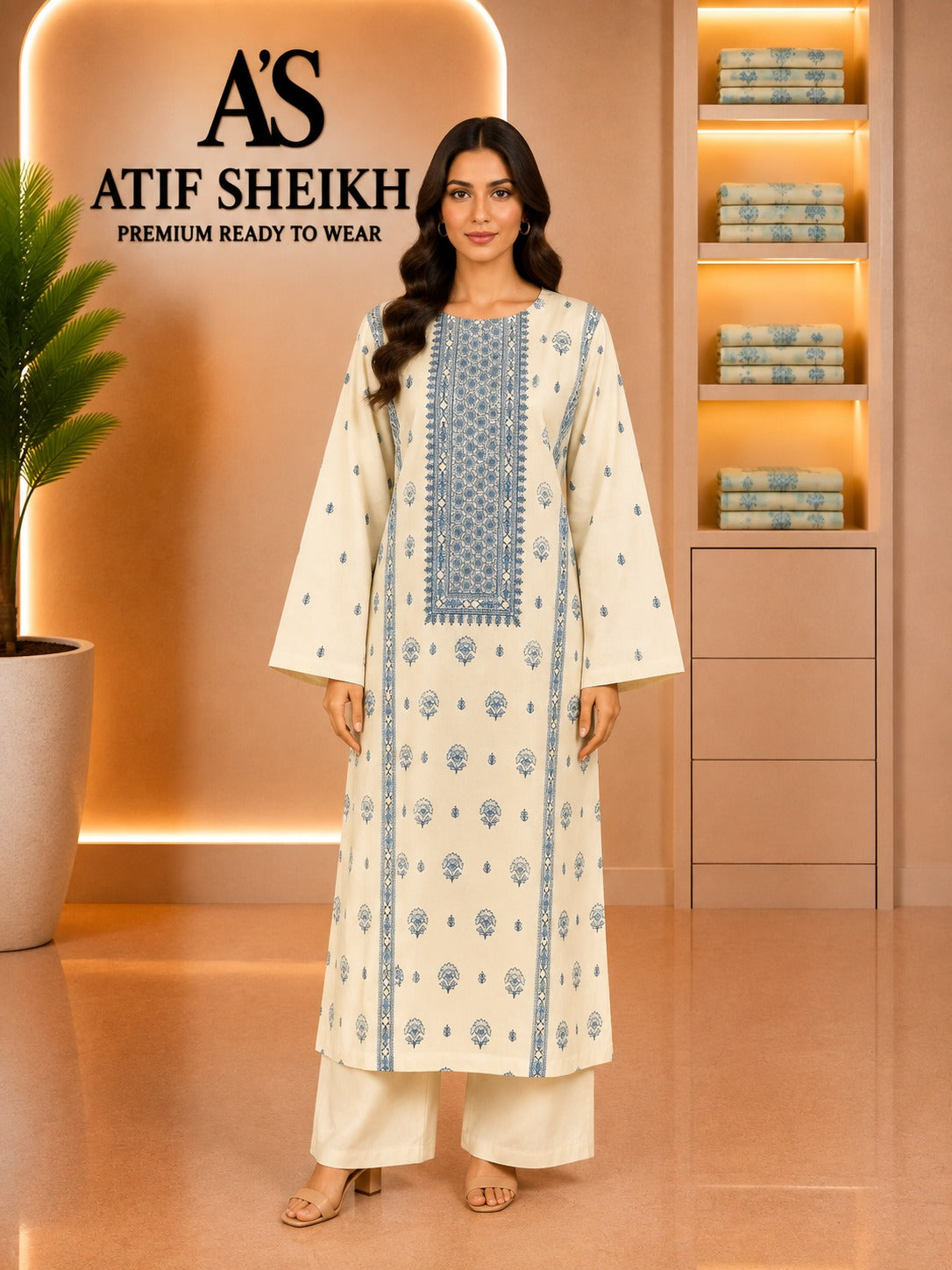 lawm embroidered stiched long shirt trouser 2 pc ivryG