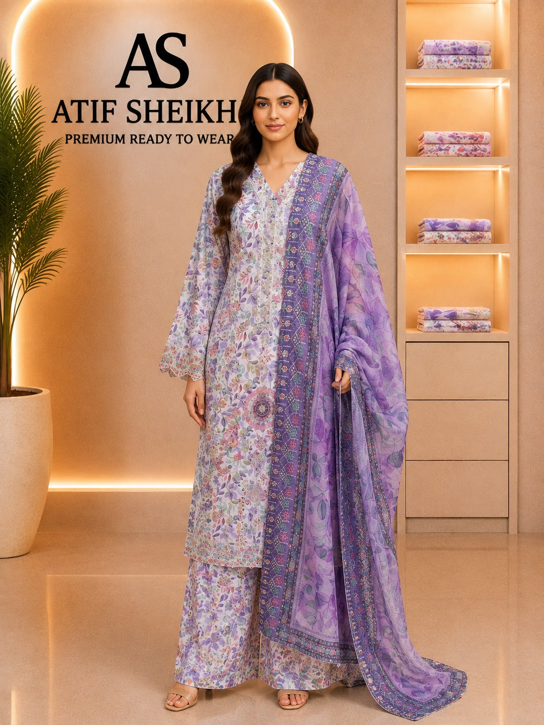 Binsaeed luxury embroidered lawn 3 pc lilac