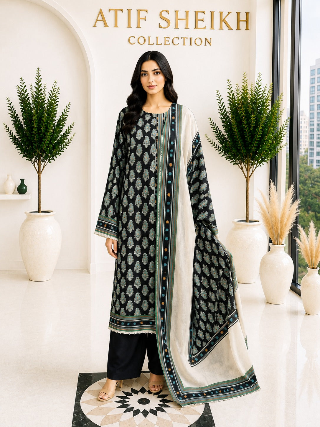 Binsaeed premium lawn stiched shalwar kameez 3pc blkkry