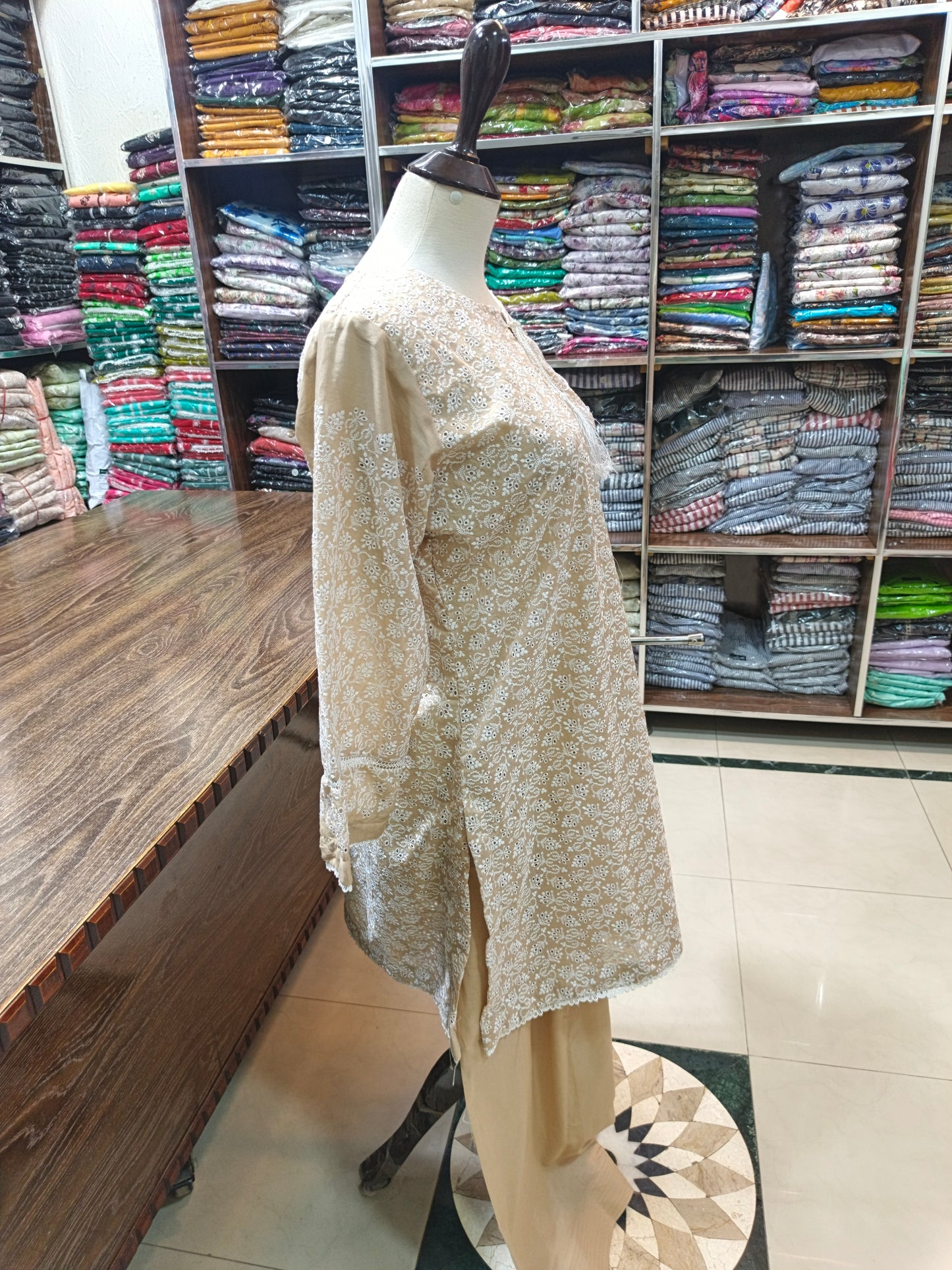 Lawn embroidered stiched short shirt and shalwar 2pc skn