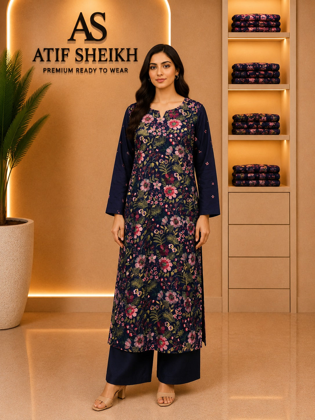 Karandi embroidered stiched long shirt trouser 2pc nvyflr