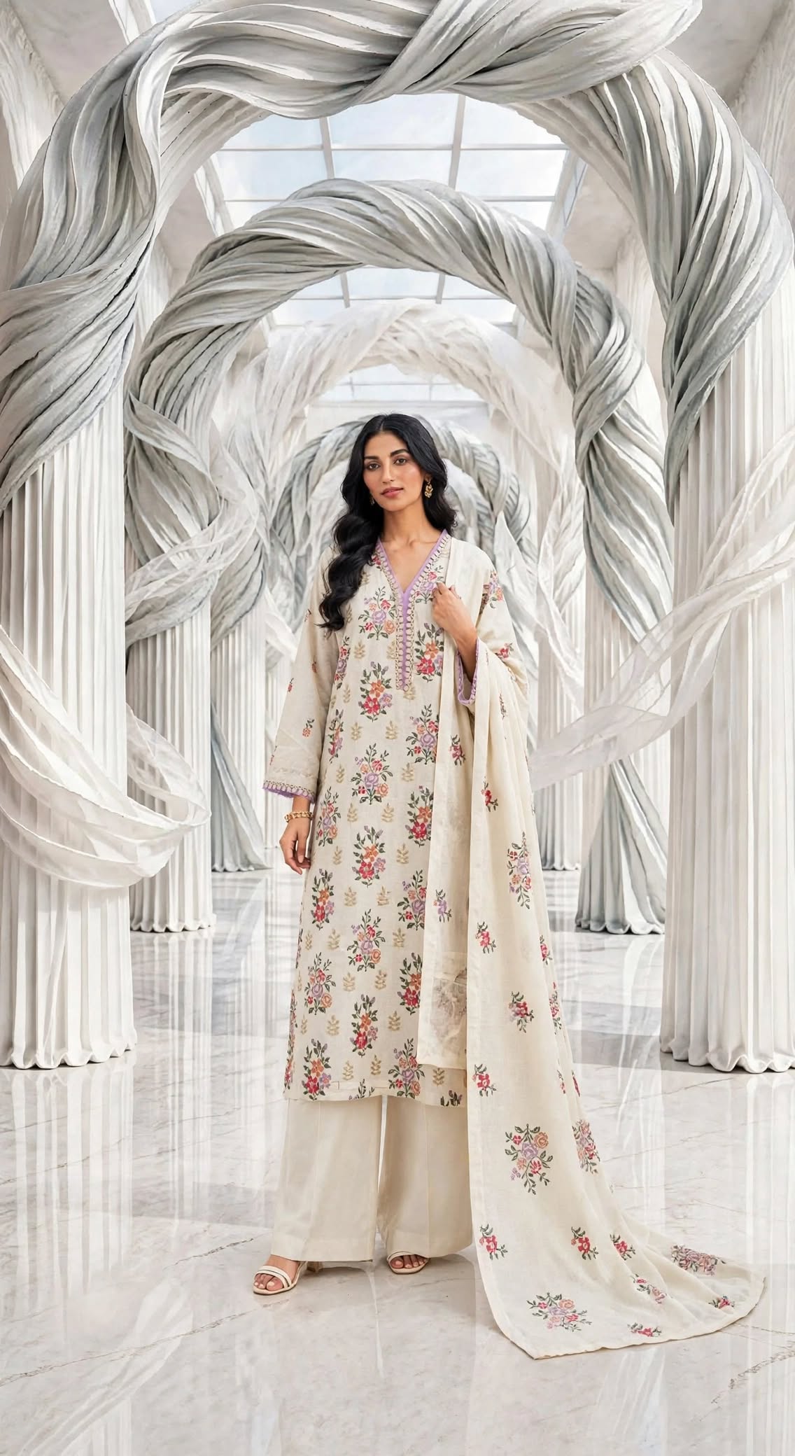 Khaddar embroidered stiched long shirt trouser 3pc skncrs