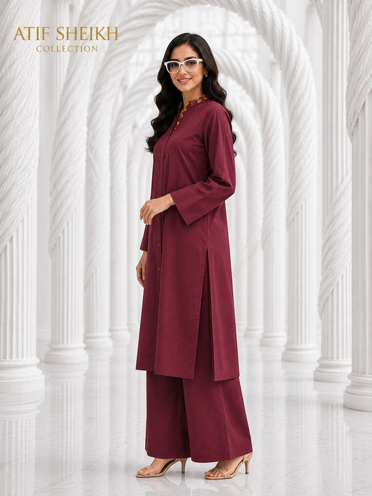Binsaeed solid khaddar stiched shirt trouser 2 pc mrn