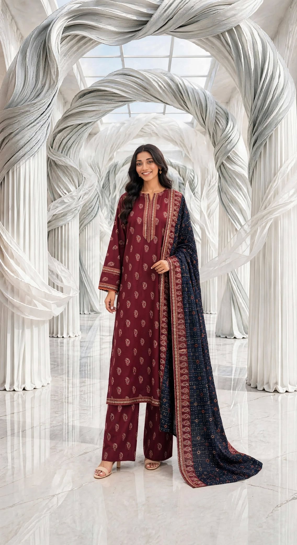 Binsaeed khaddar stiched long shirt trouser 3pc redkry