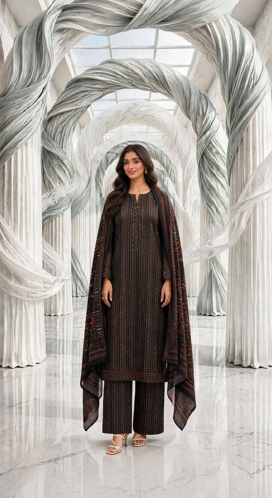 Binsaeed khaddar stiched long shirt trouser 3 pc blkajrk