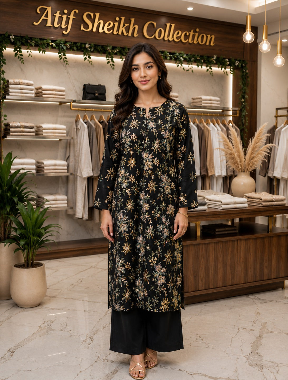 Karandi embroidered stiched long shirt trouser 2pb blk