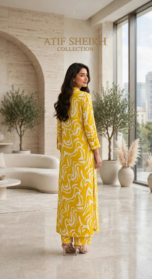 Linen stiched long shirt trouser 2pc yelowt