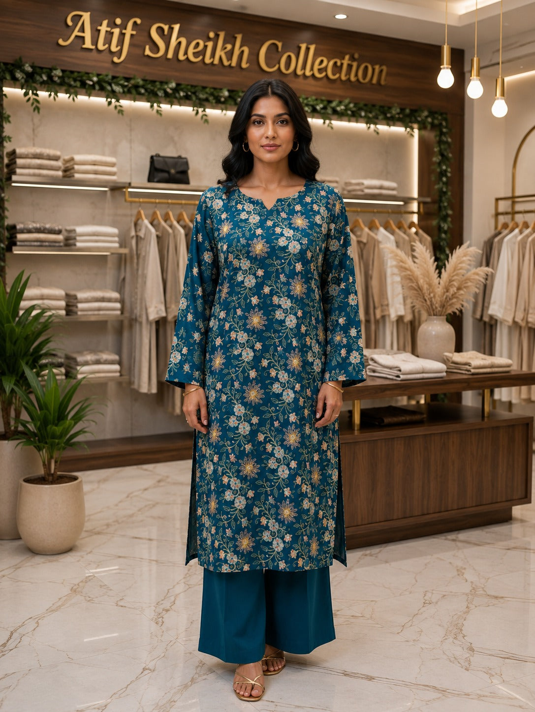 Karandi embroidered stiched long shirt trouser 2pc teelgld