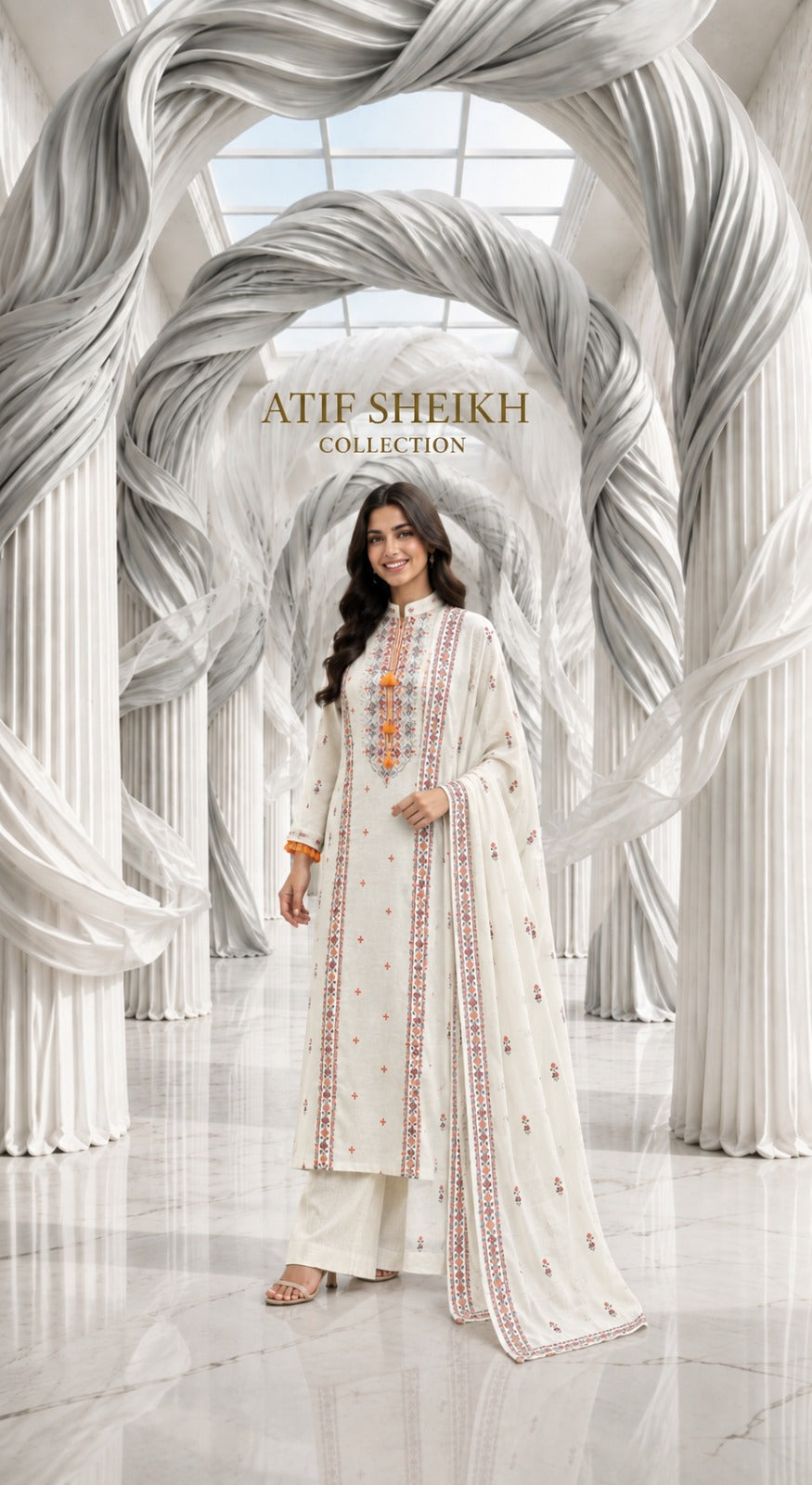 Karandi khaddar embroidered stiched long shirt trouser 3pc orngpnl