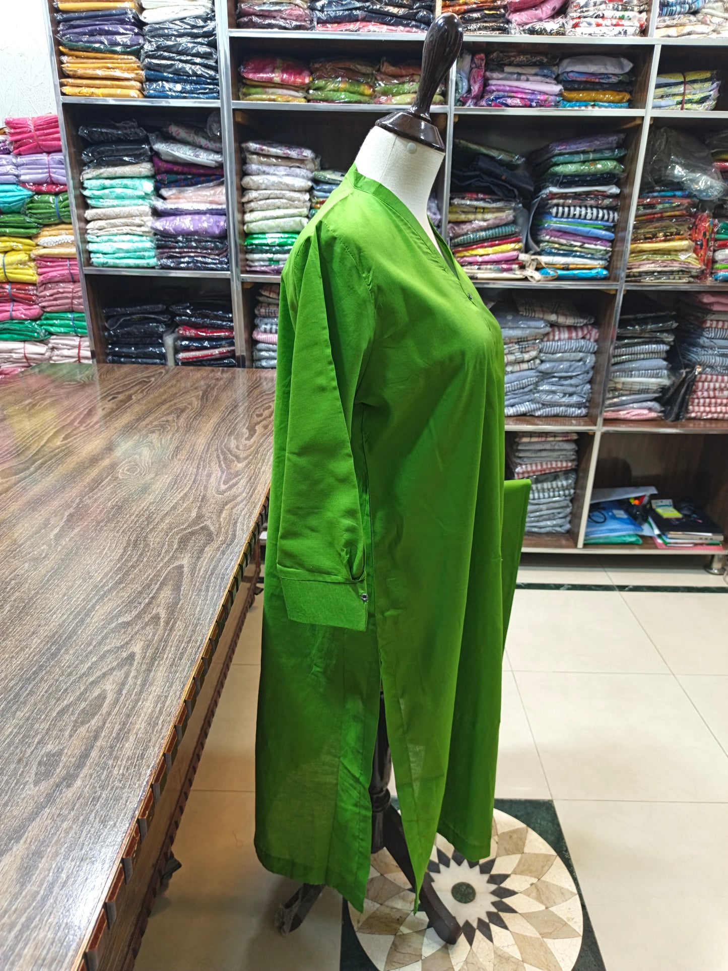 Solid pure lawn stiched A line long shirt trouser 2 pc gren