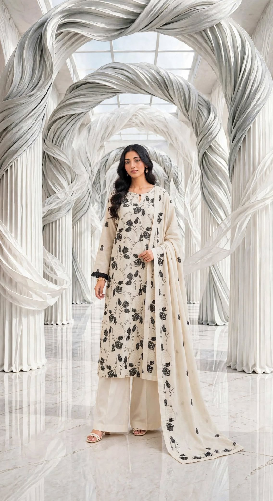 Khaddar embroidered stiched long shirt trouser 3pc blkglb