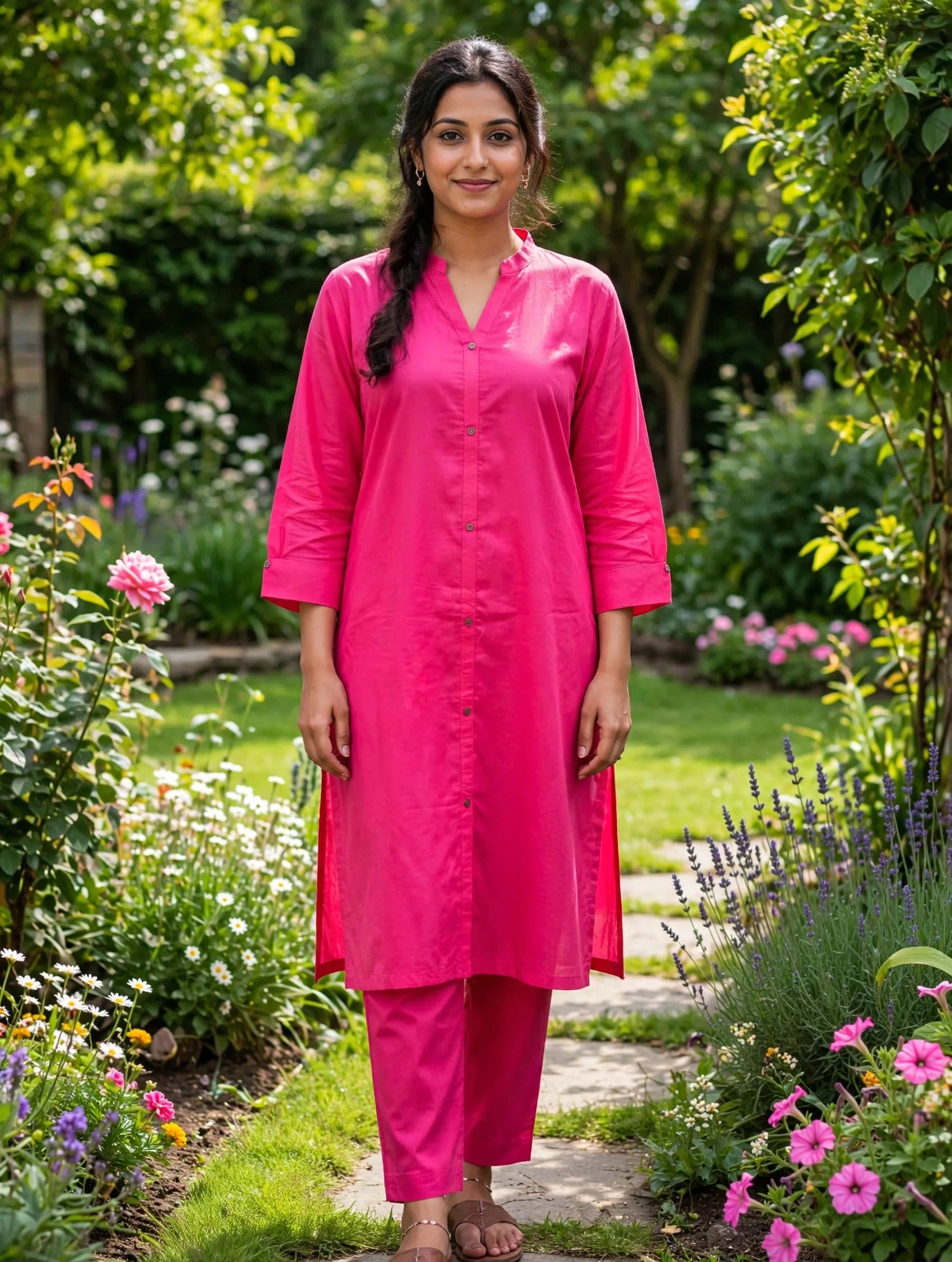 Solid pure lawn stiched A line cut shirt trouser 2pc pink