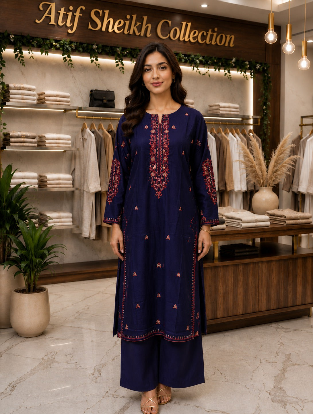 Karandi embroidered stiched shirt trouser 2 pc nvy