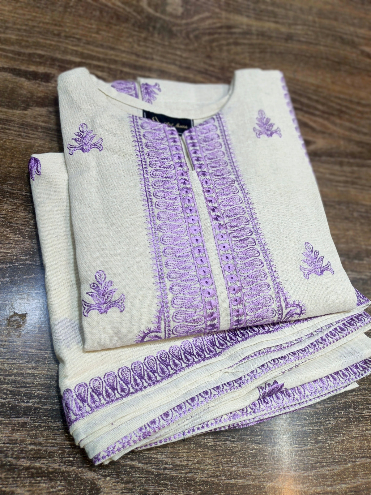 Khaddar embroidered stiched long shirt trouser 3pc lilacgla