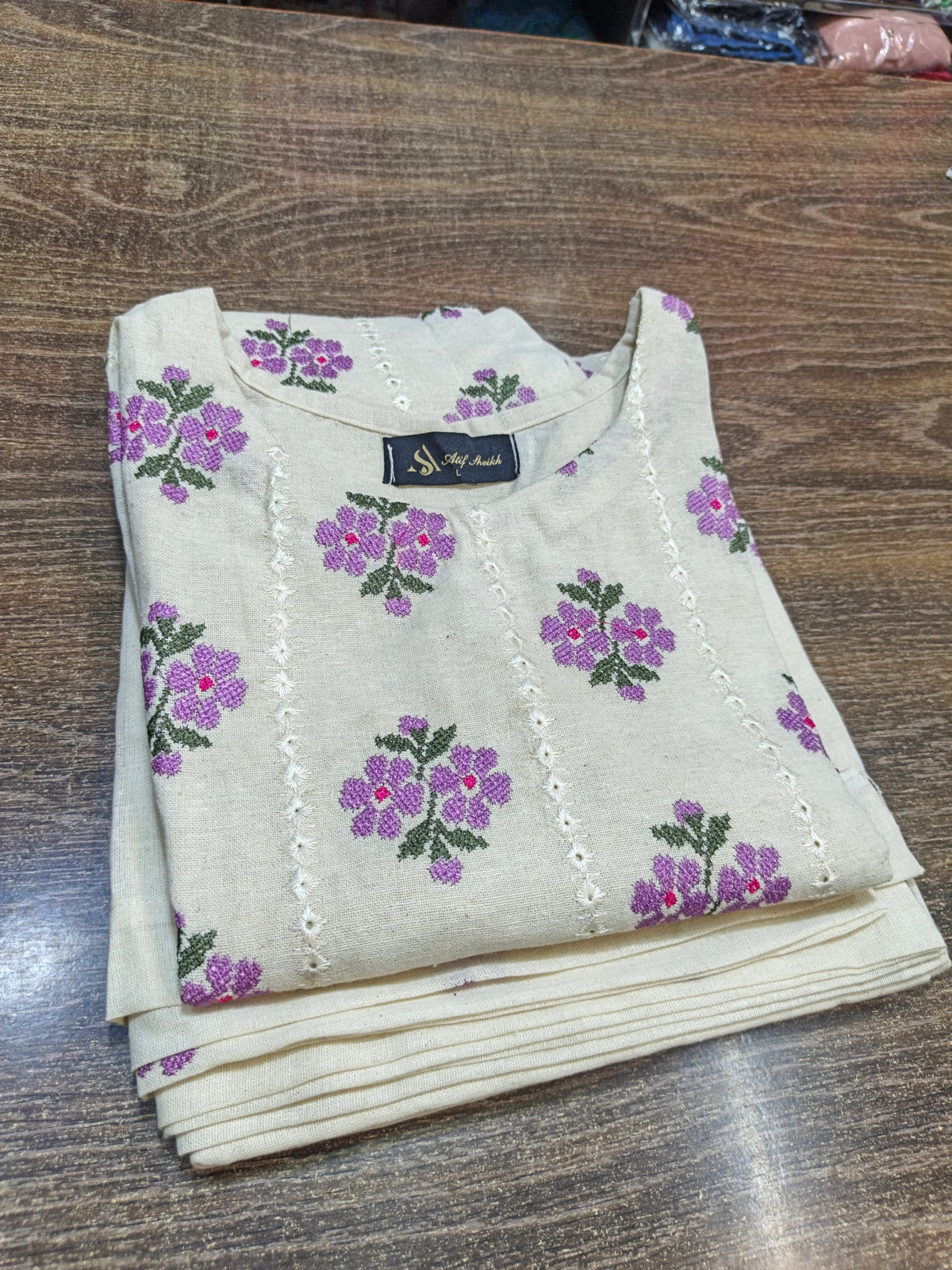 Karandi khaddar embroidered stiched long shirt trouser 3pc prplcrs