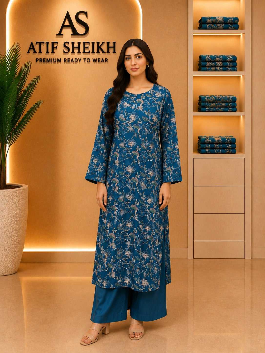 Karandi embroidered stiched long shirt trouser 2pc teelskn