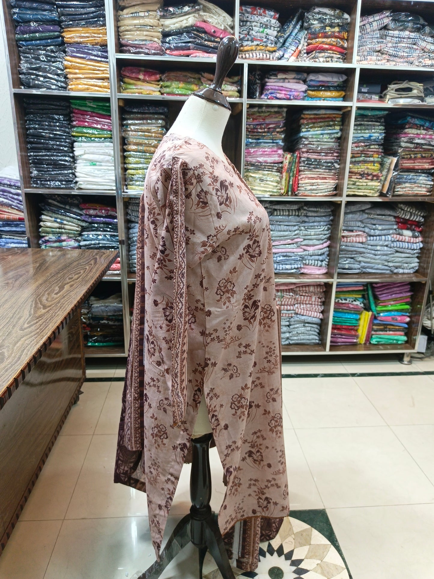 Binsaeed premium lawn stiched shirt trouser stiched 3pc cofeBr