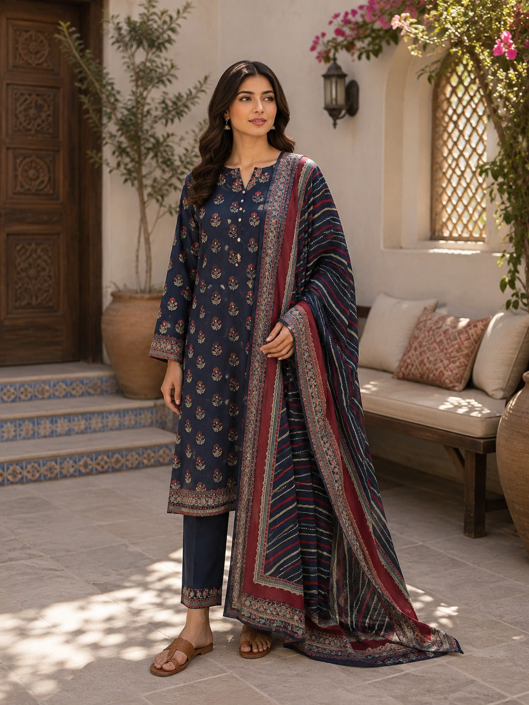 Binsaeed premium lawn stiched shalwar kameez 3 pc navyj