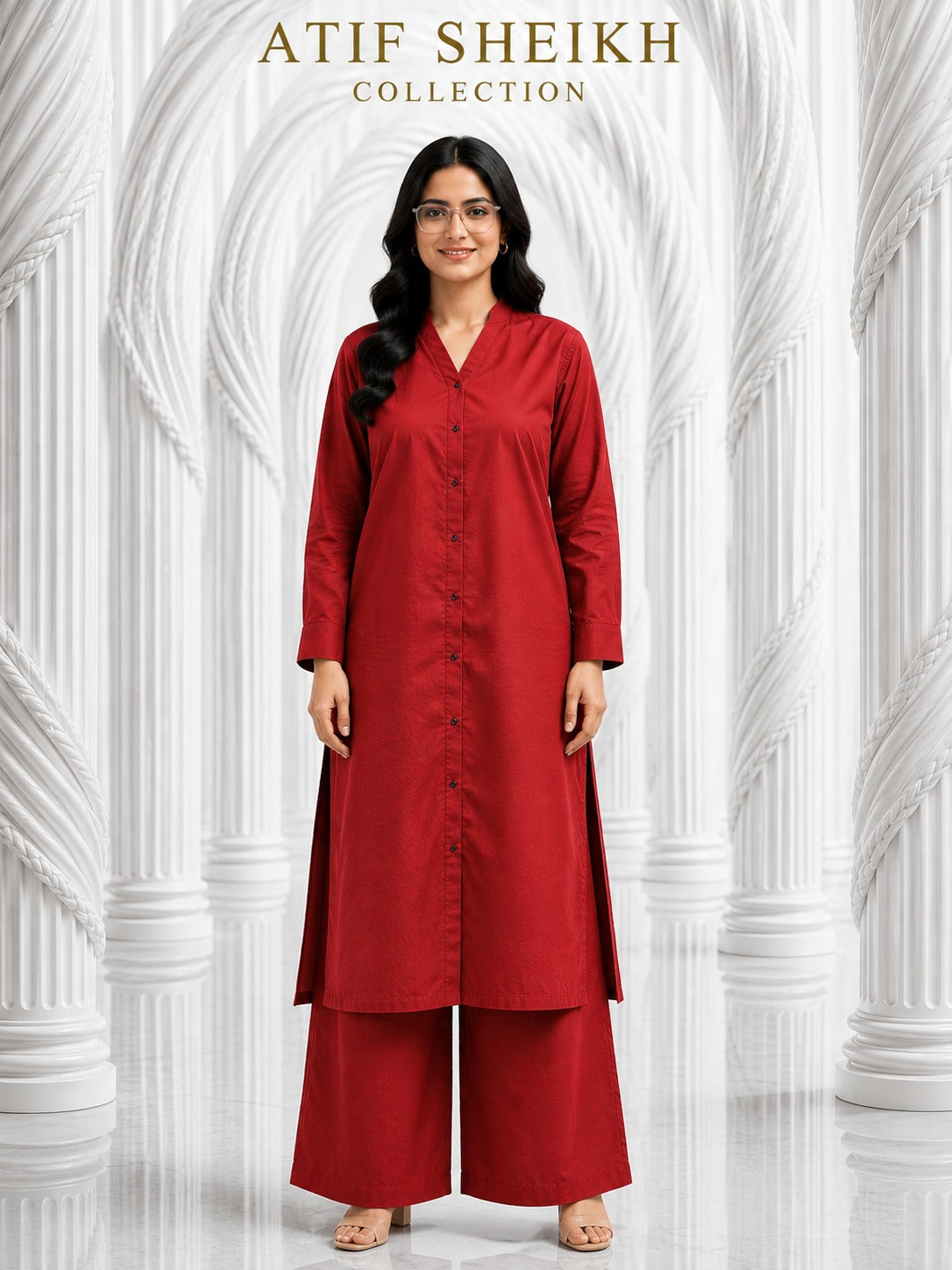 Binsaeed solid khaddar long stiched 2 pc red