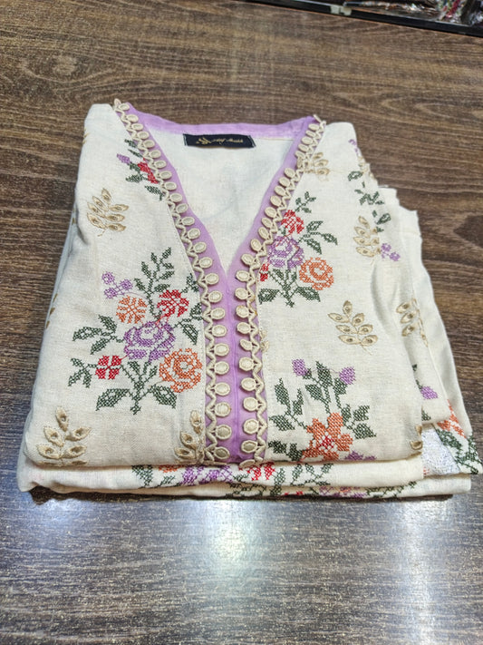 Khaddar embroidered stiched long shirt trouser 3pc skncrs