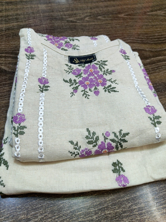 Karandi embroidered stiched long shirt trouser 3pc prplF