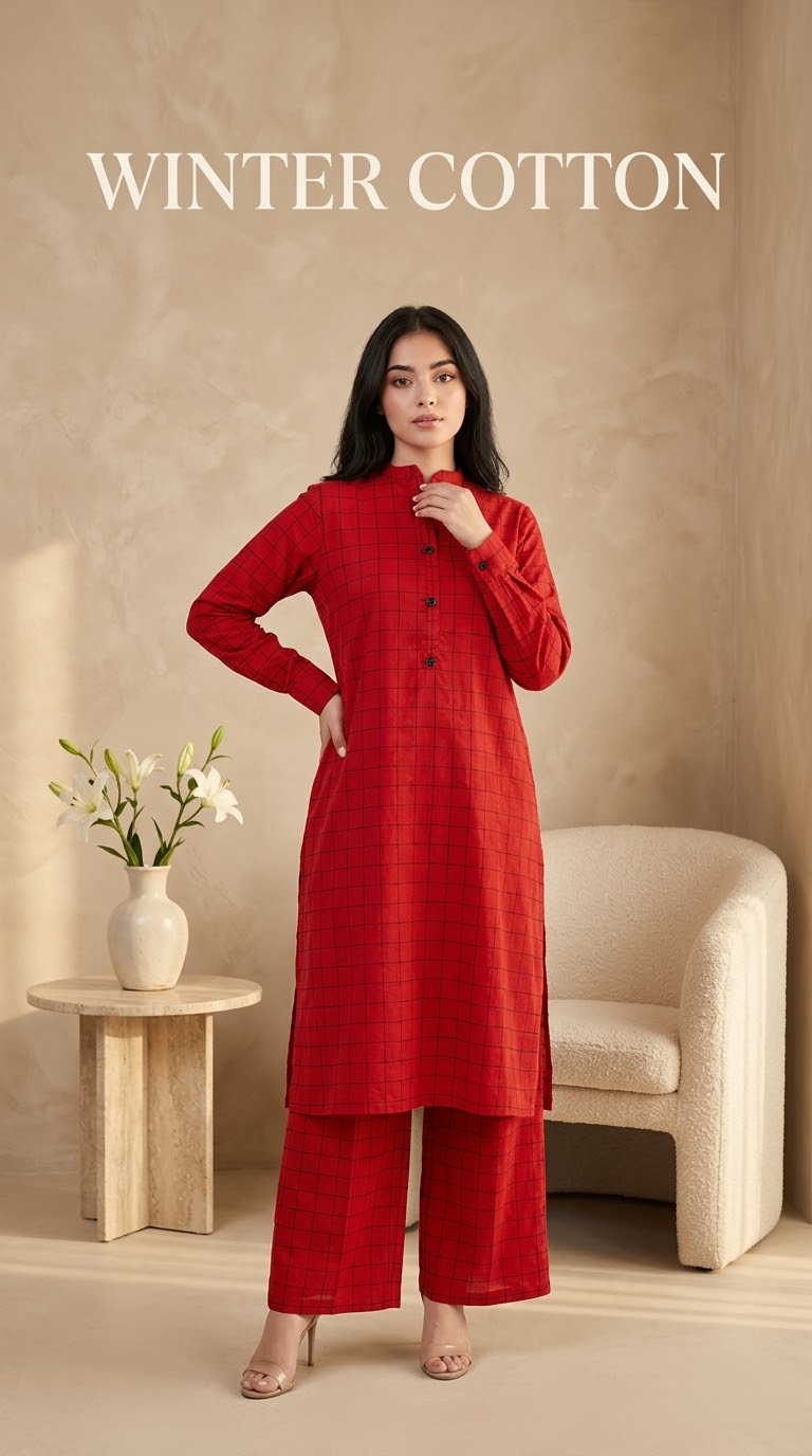 Cotton stiched long shirt trouser 2pc redchk