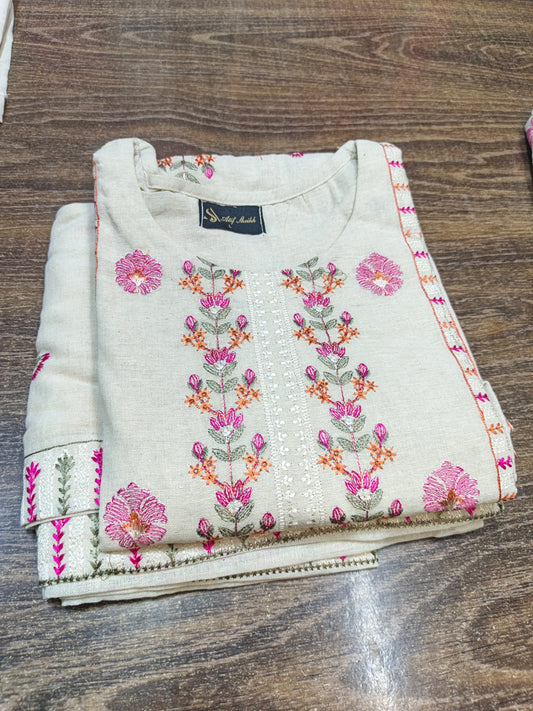 Karandi khaddar embroidered stiched long shirt trouser 3pc pnkgla