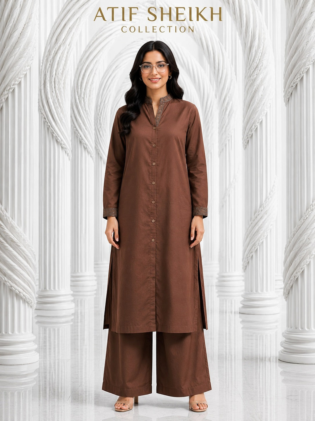 Binsaeed solid khaddar stiched shirt trouser 2 pc brn