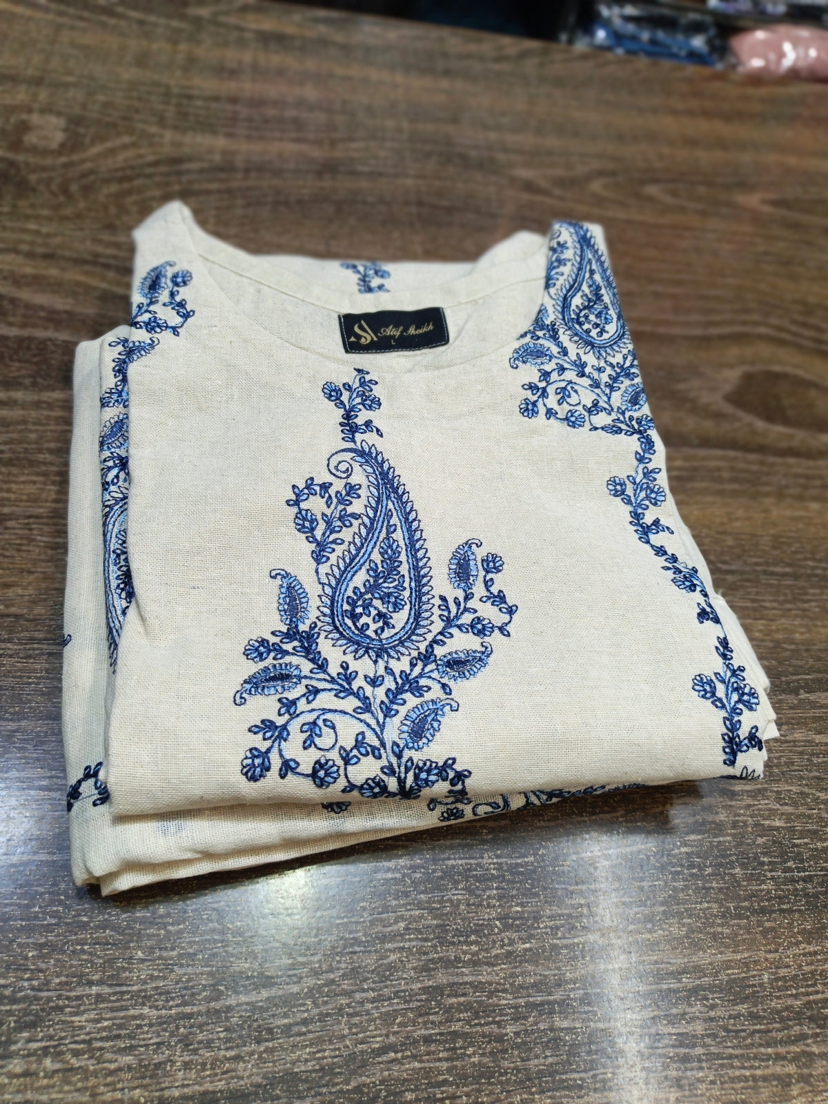 Karandi khaddar embroidered stiched long shirt trouser 3pc nvyK