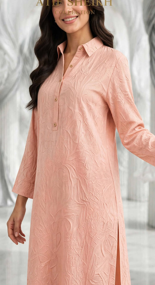Embossed self jacquard shirt trouser 2pc peach