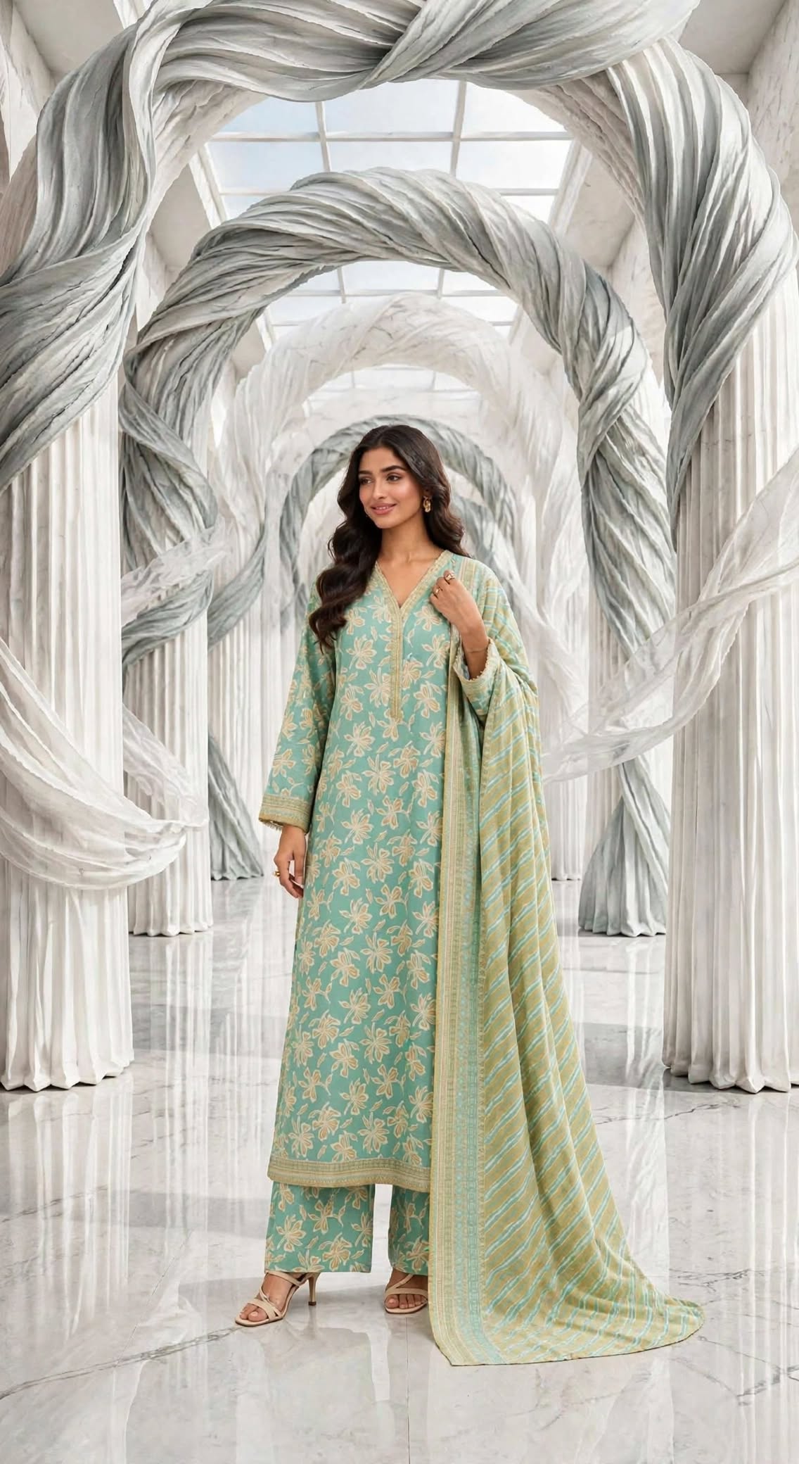 Binsaeed khaddar stiched long shirt trouser 3pc ice