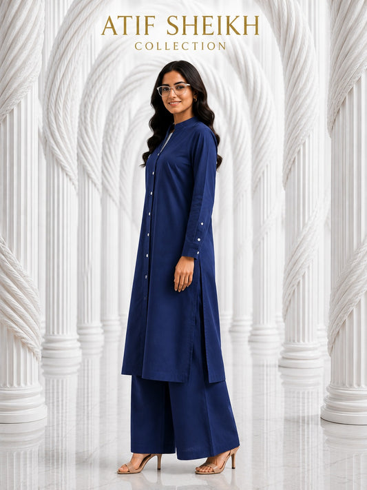 Binsaeed solid stiched khaddar shirt trouser 2pc nvy blu