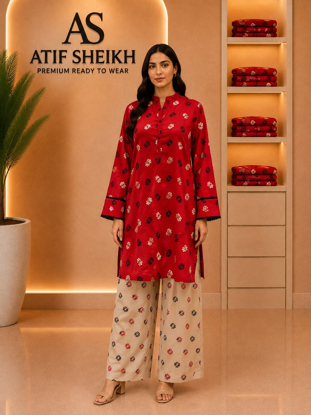Breeze embroidered stiched lawn short shirt trouser 2 pc red