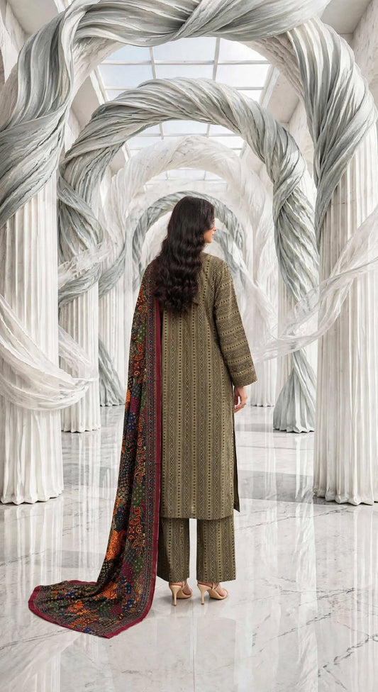 Binsaeed khaddar stiched long shirt trouser 3pc olivajrk