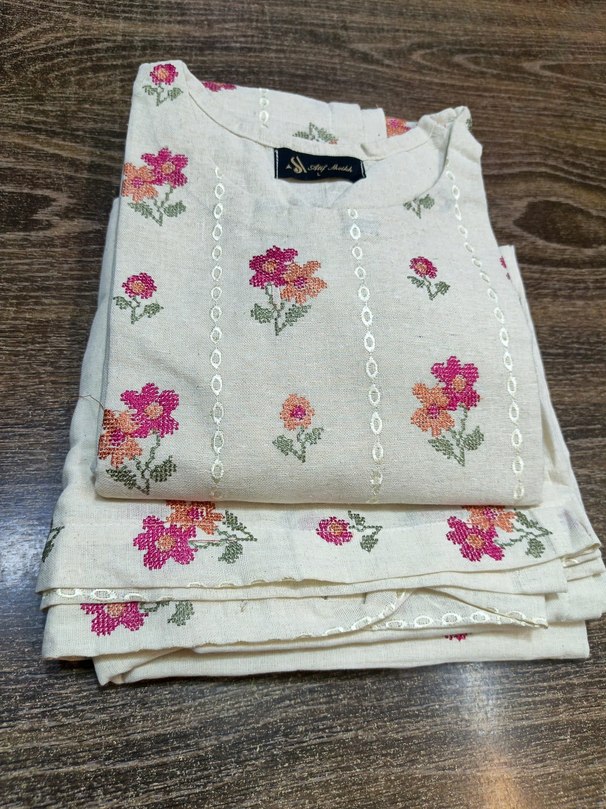 Karandi khaddar embroidered stiched long shirt trouser 3pc F2