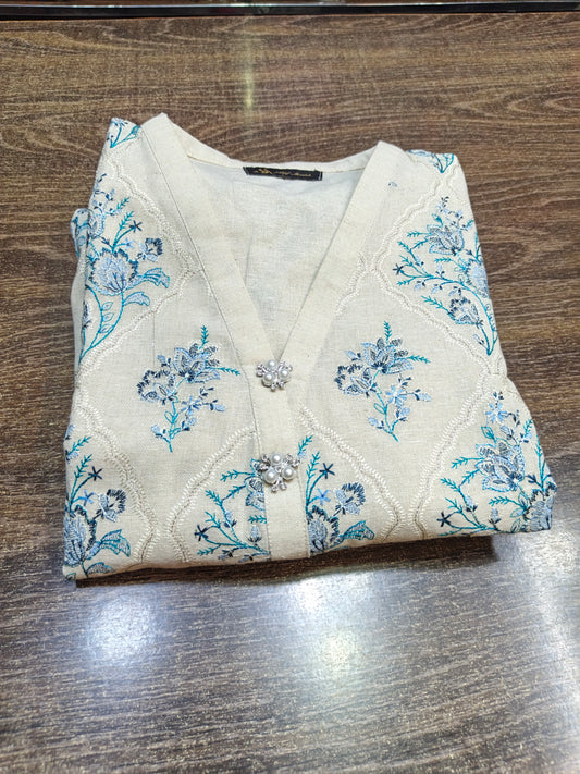 Khaddar embroidered stiched long shirt trouser 3 pc bluB