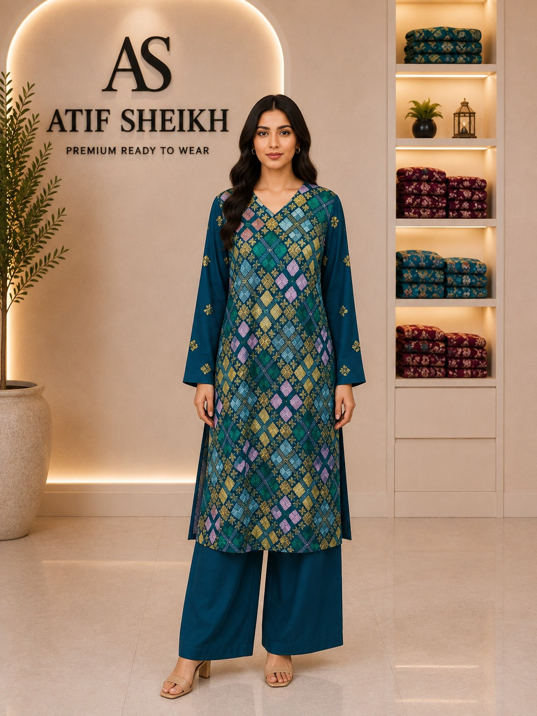 Karandi embroidered stiched long shirt trouser 2pc frzcrs