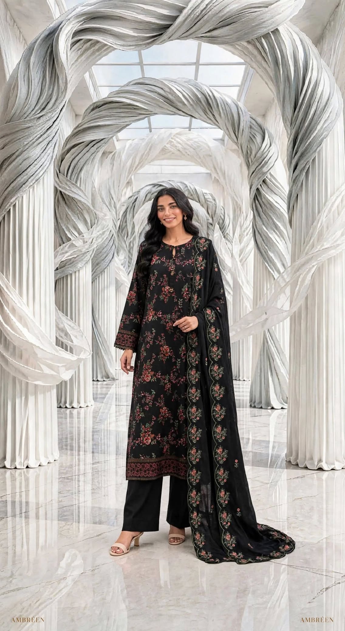 Karandi embroidered stiched long shirt trouser 3pc blk