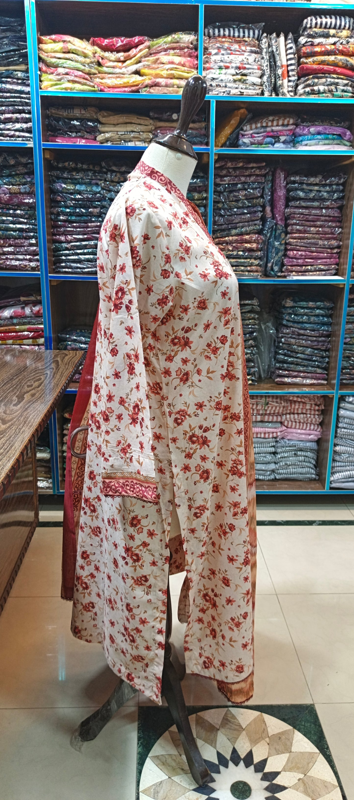Bin saeed lawn stiched long shirt trouser 3 pc crmtpnk