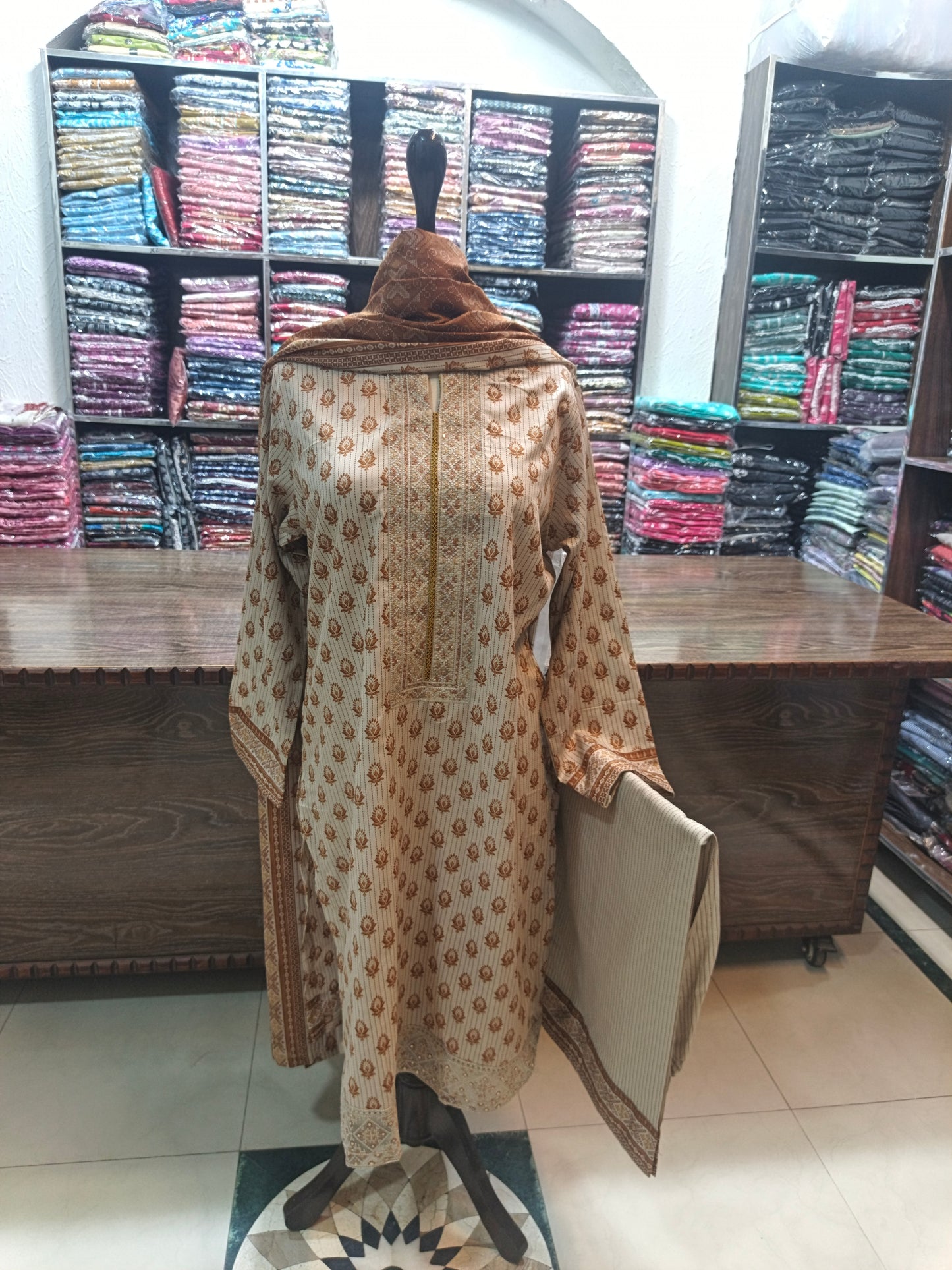 Binsaeed embroidered stiched shirt trouser 3 pc beij